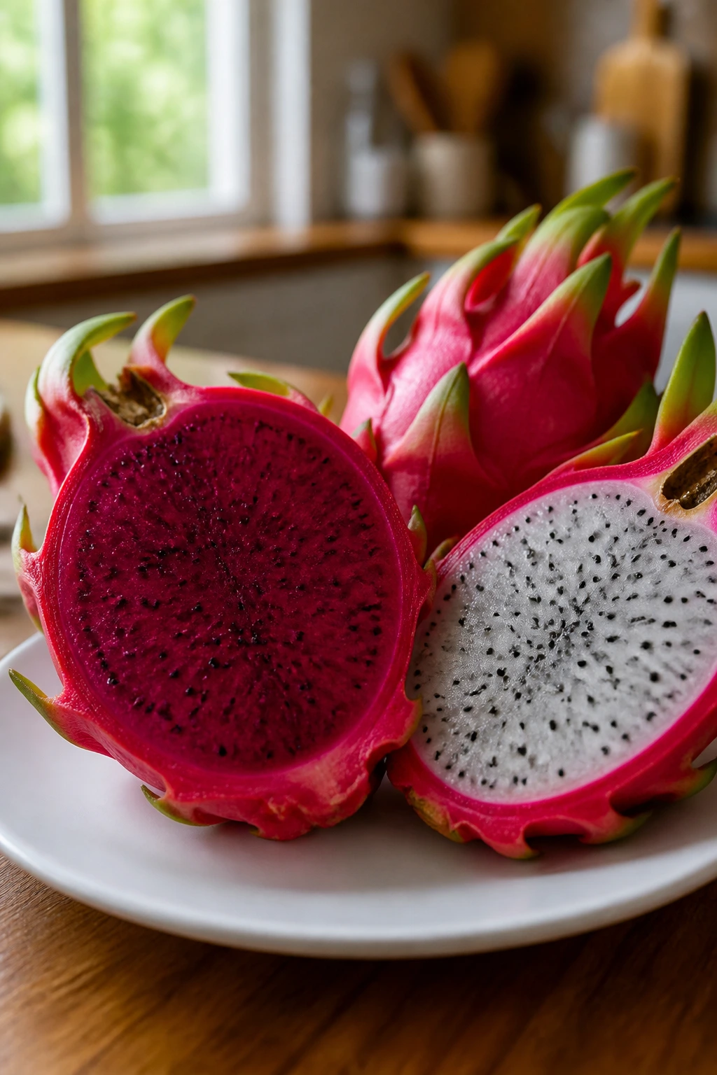Is Dragon Fruit Good For Diabetes? Benefits, Effects & More 1 Close-up of ripe dragon fruit on a plate in a warm kitchen, highlighting diabetes-friendly fruit.