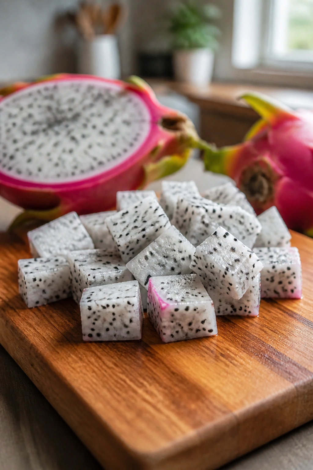 Is Dragon Fruit Good For Dogs? All You Need To Know 3 Small diced dragon fruit pieces on cutting board ready to serve.