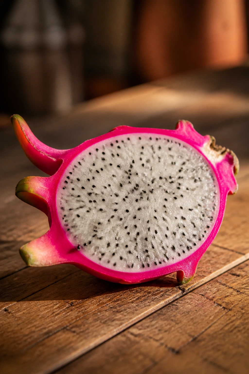 10 Dragon Fruit Benefits for Thyroid Patients 6 Dragon fruit half on a wooden surface, highlighting texture and color.