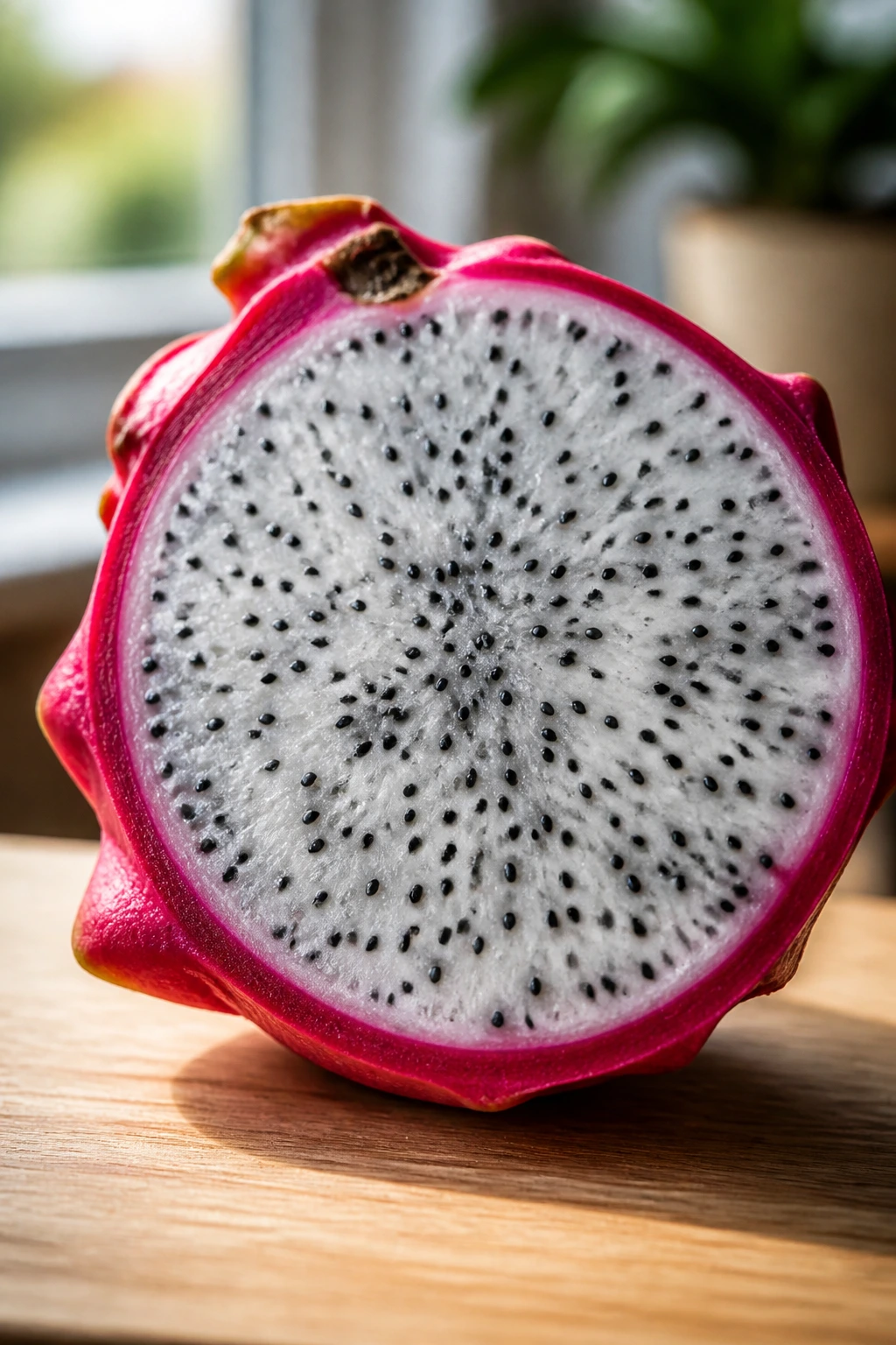Is Dragon Fruit A Natural Laxative? Let's FInd Out! 2 Dragon fruit half on a wooden surface highlighting flesh and seeds, illustrating fiber content