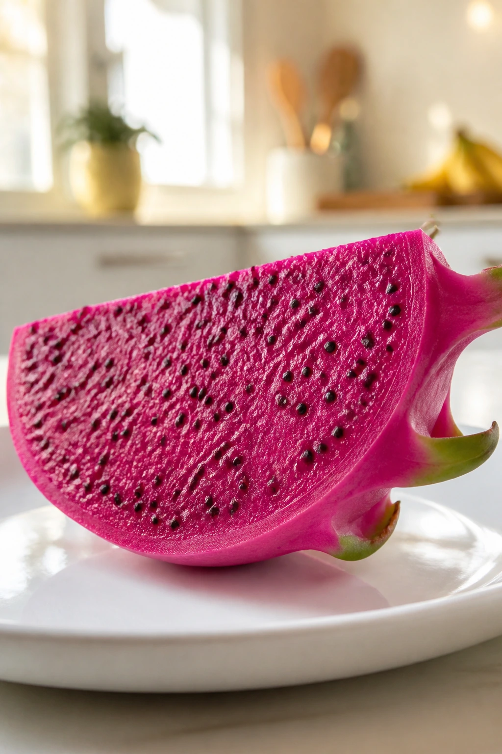 10 Dragon Fruit Benefits for Thyroid Patients 5 Dragon fruit wedge on a white plate with bright natural light.