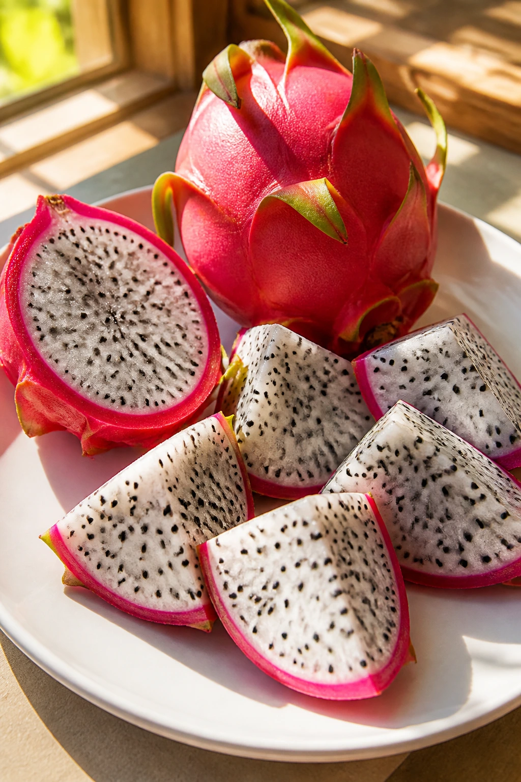 10 Dragon Fruit Benefits for Thyroid Patients 12 Dragon fruit on a plate in a sunlit kitchen