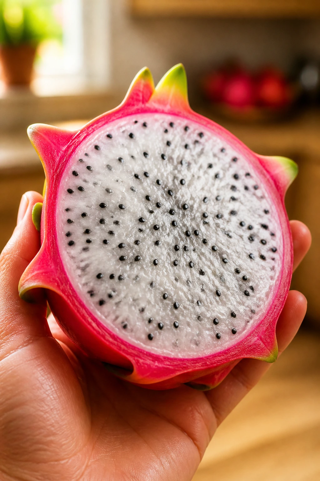 What Is The Sweetest Dragon Fruit Variety? 3 Dragon fruit half held in hand showing vibrant flesh and seeds