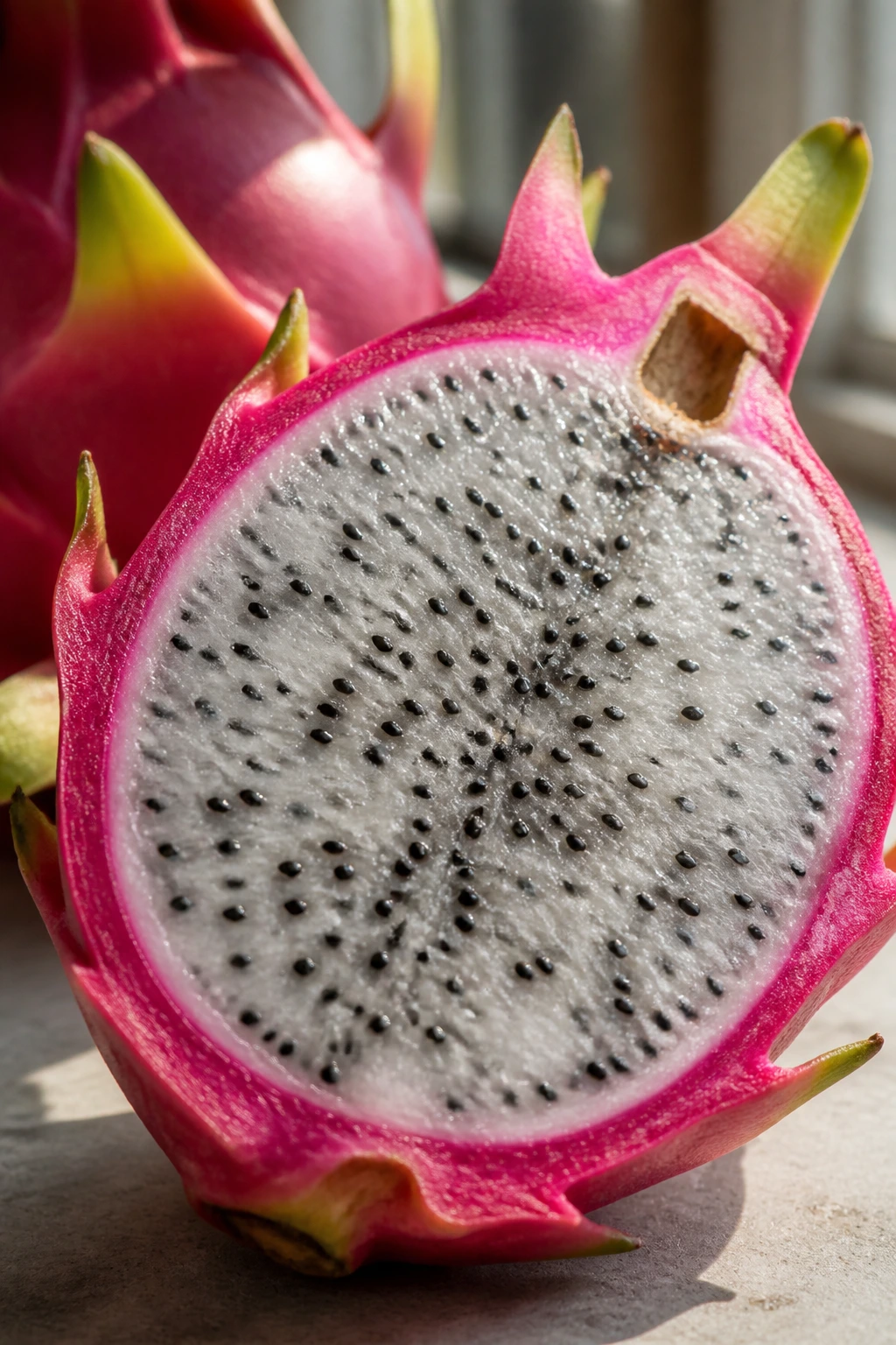 10 Special Fruits That Are Superfoods (For A Healthy Diet) 4 Close-up of halved dragon fruit with pink rind and white flesh