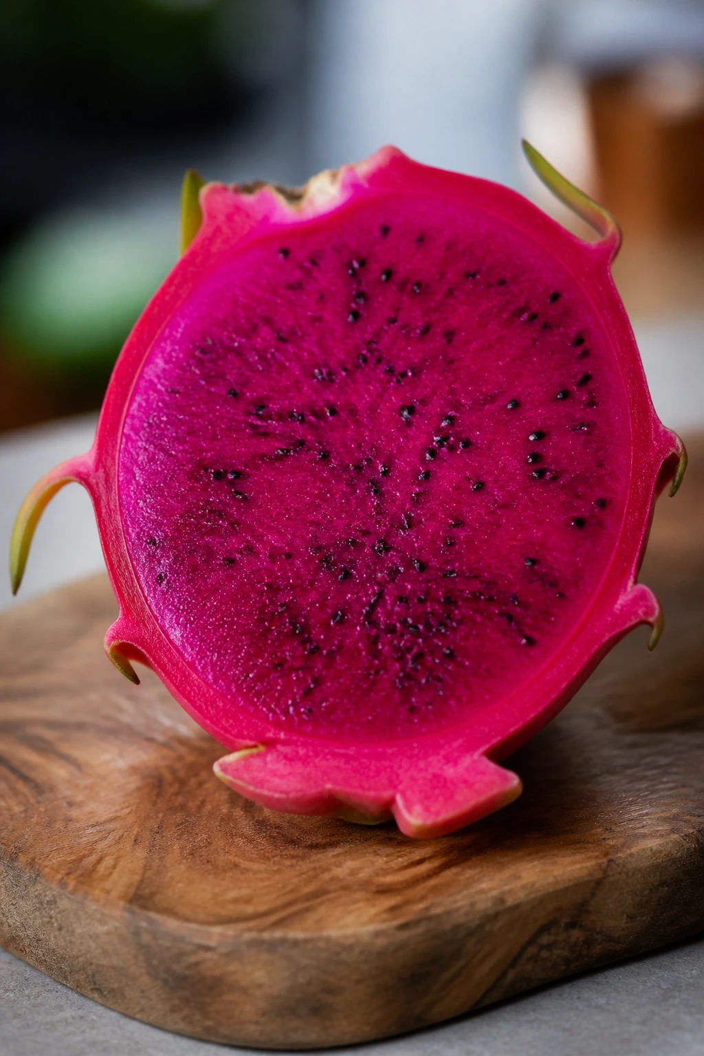 Is Dragon Fruit Good For Babies? Can They Eat It? 8 Close-up of halved dragon fruit on a wooden cutting board with bright flesh and seeds