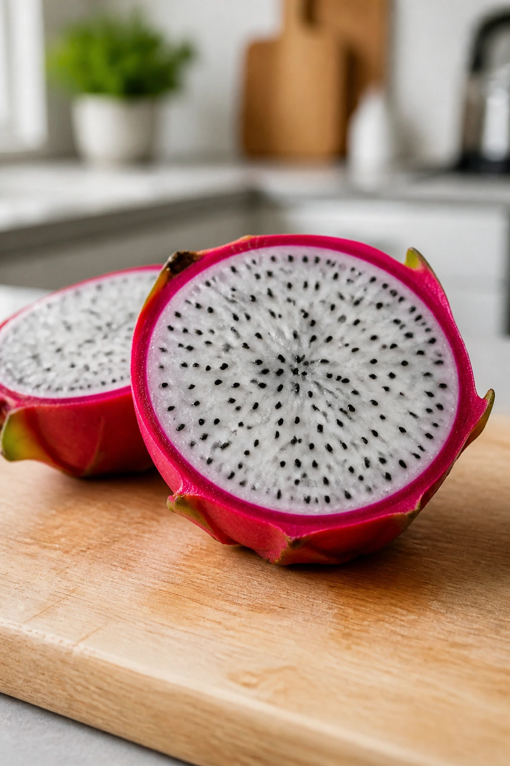 Halved dragon fruit on a cutting board in a bright kitchen