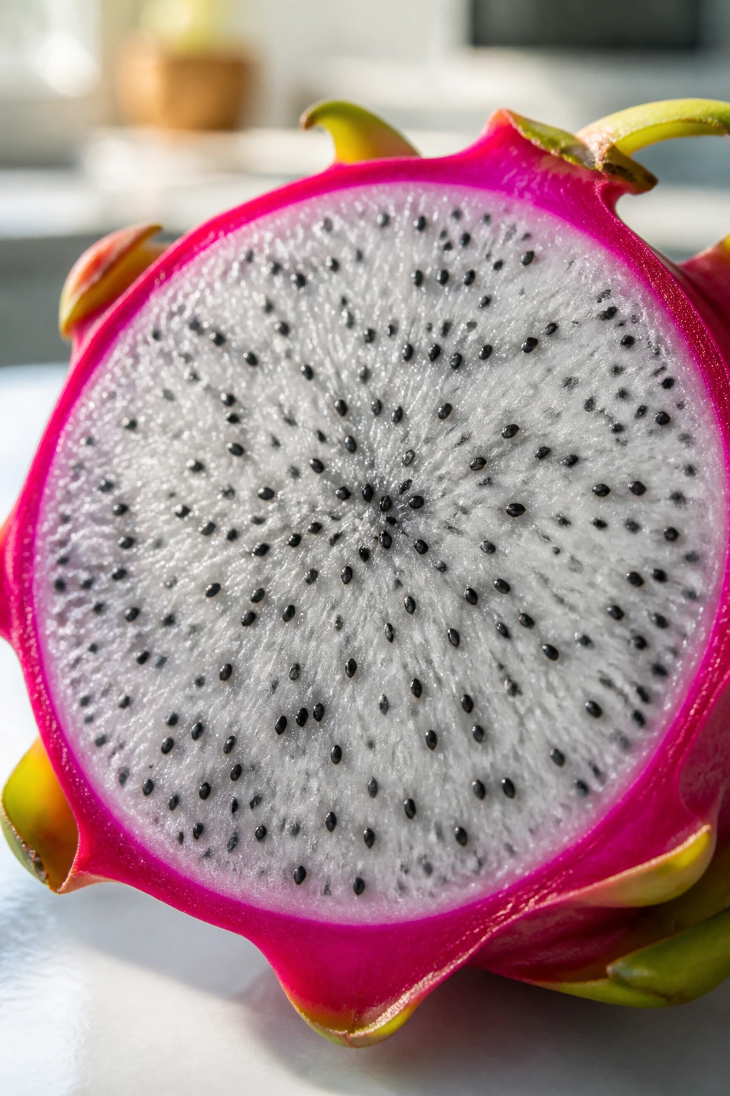 15 Benefits Of Eating Dragon Fruit During Pregnancy 4 Close-up halved dragon fruit showing pink skin and white seed-filled flesh