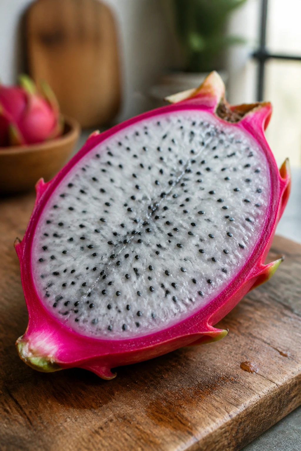 Close-up of halved dragon fruit on a wooden cutting board in a kitchen