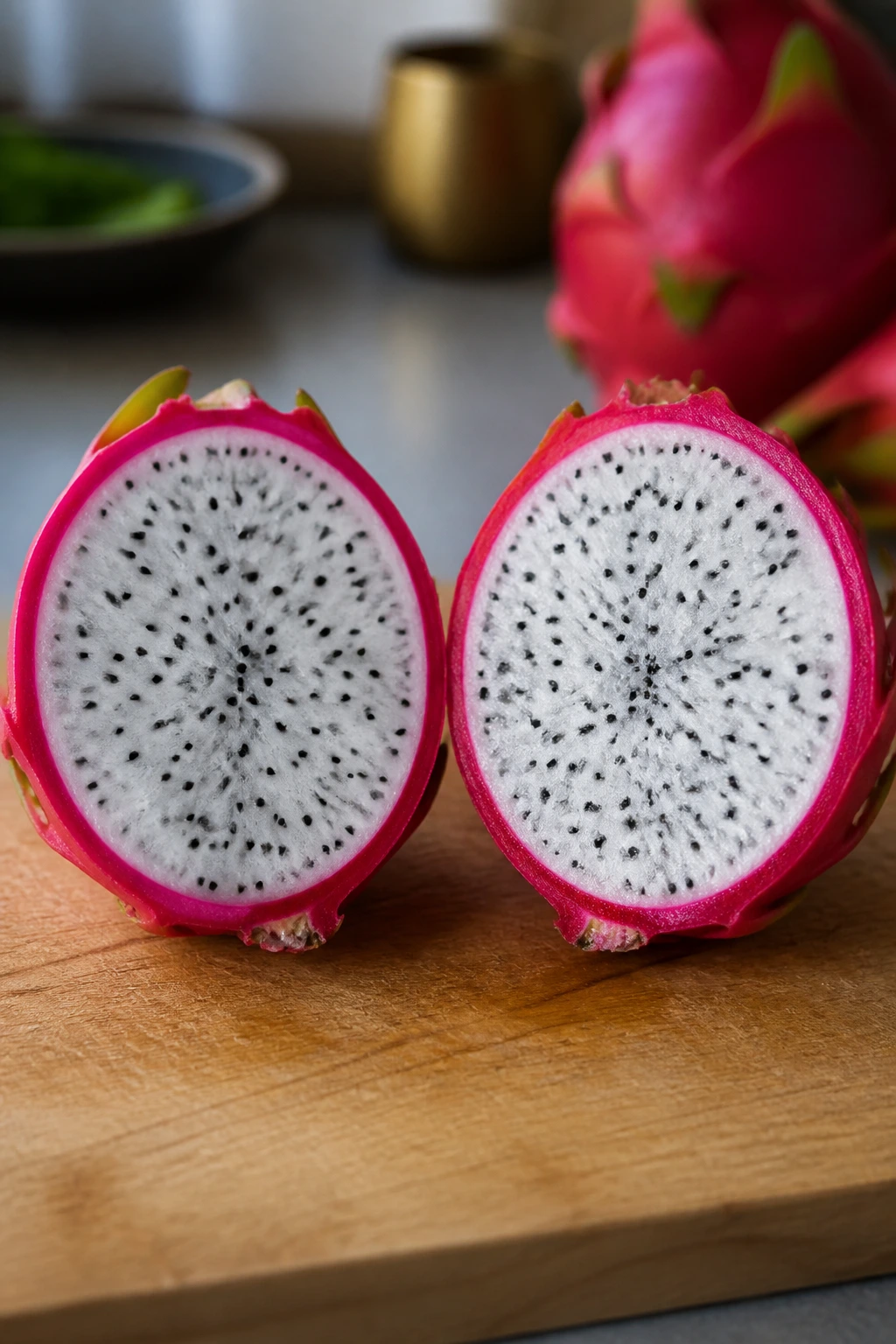 Dragon fruit halves showing flesh and seeds