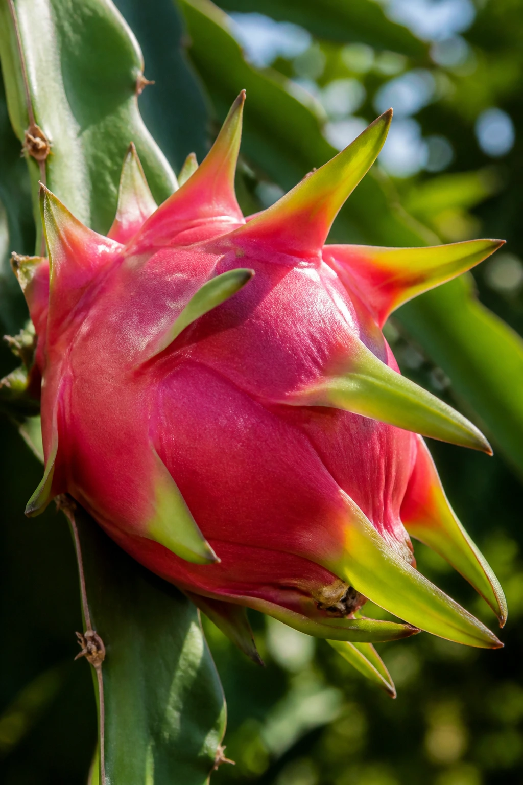Close-up of a ripe pink dragon fruit on the vine in a sunlit garden