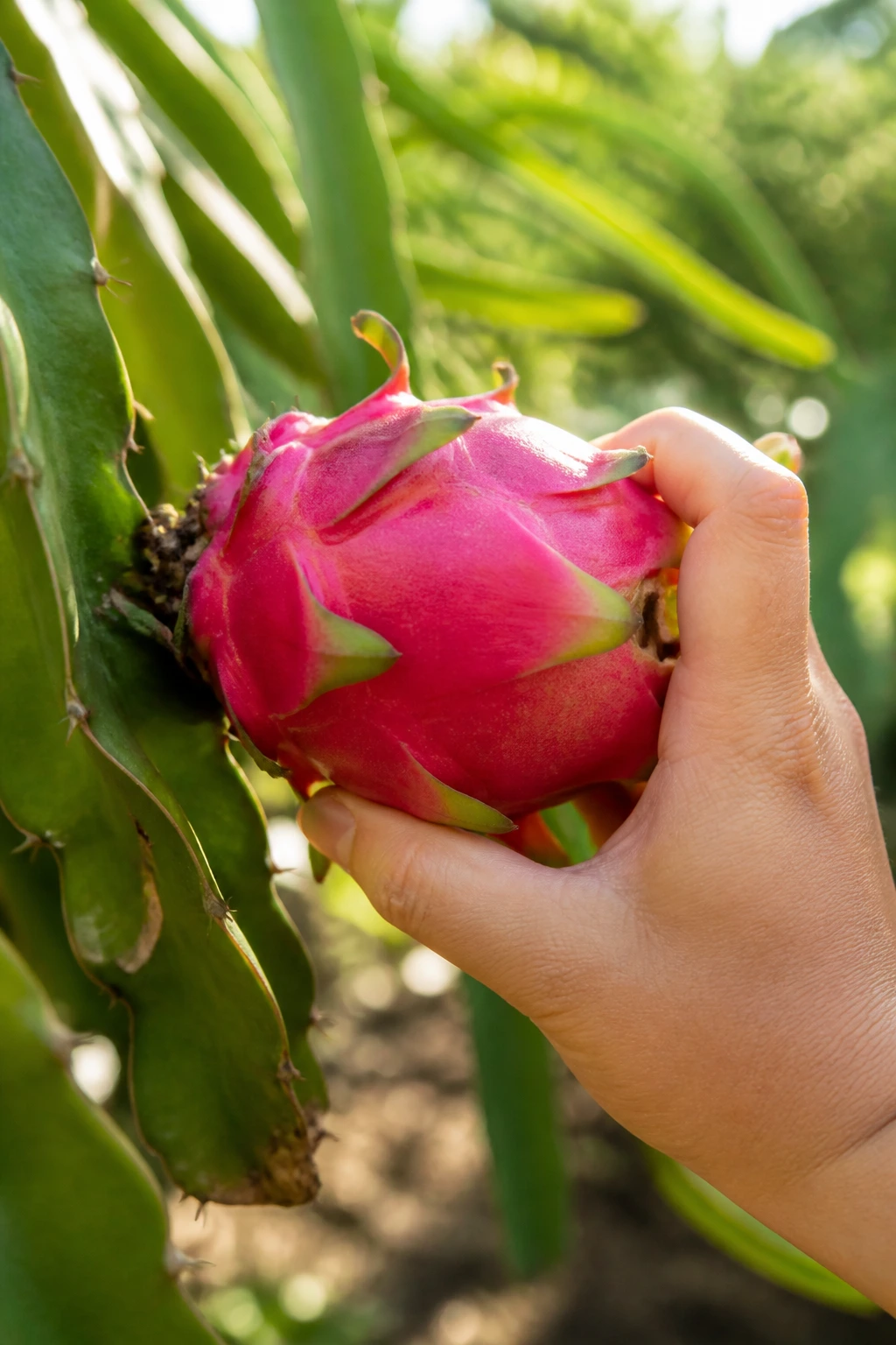 Close-up of a dragon fruit on the vine being twisted off by a hand in a sunlit garden