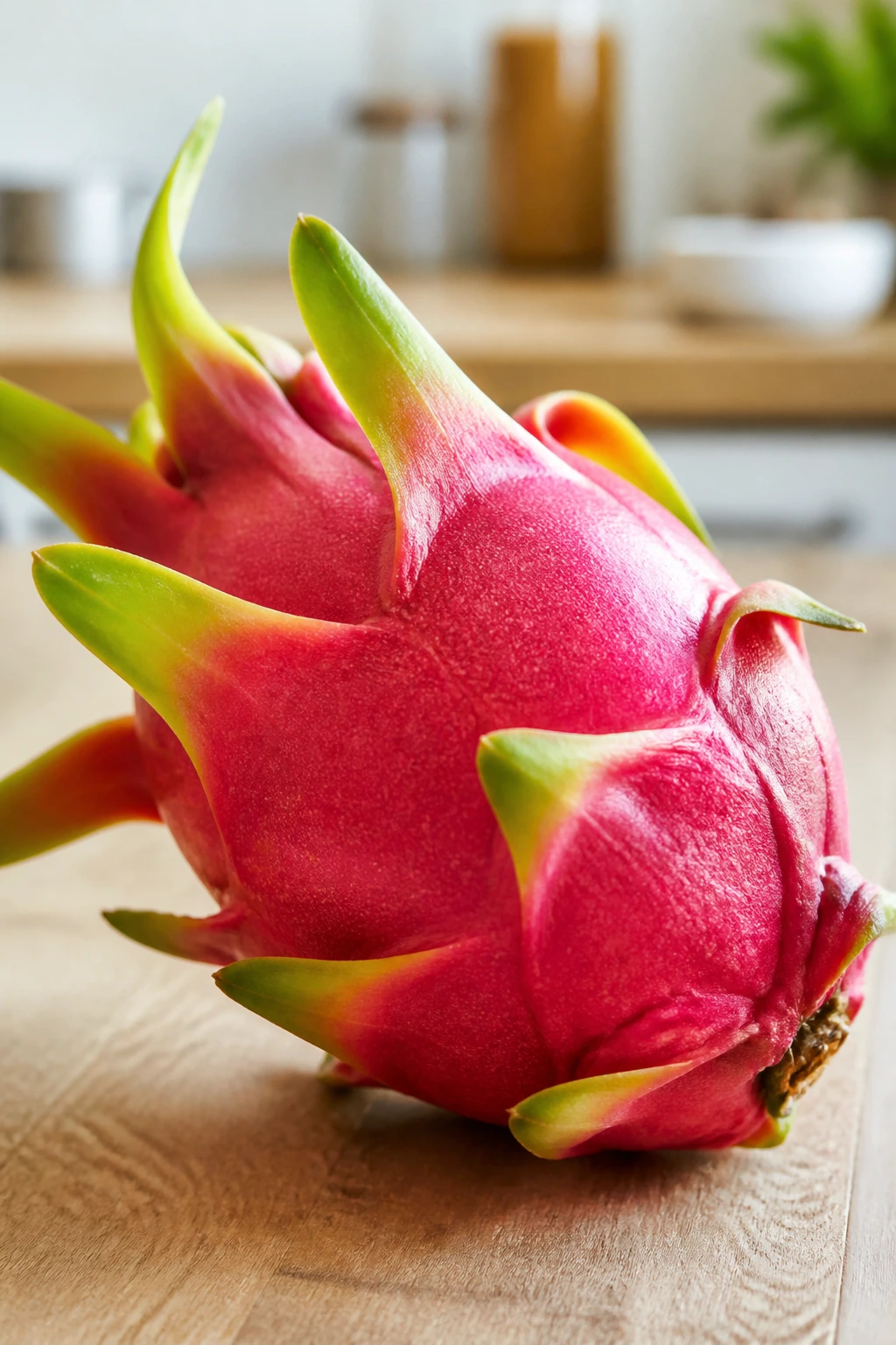 How to Eat Dragon Fruit During Pregnancy 4 Whole dragon fruit with pink skin and green scales on a wooden surface