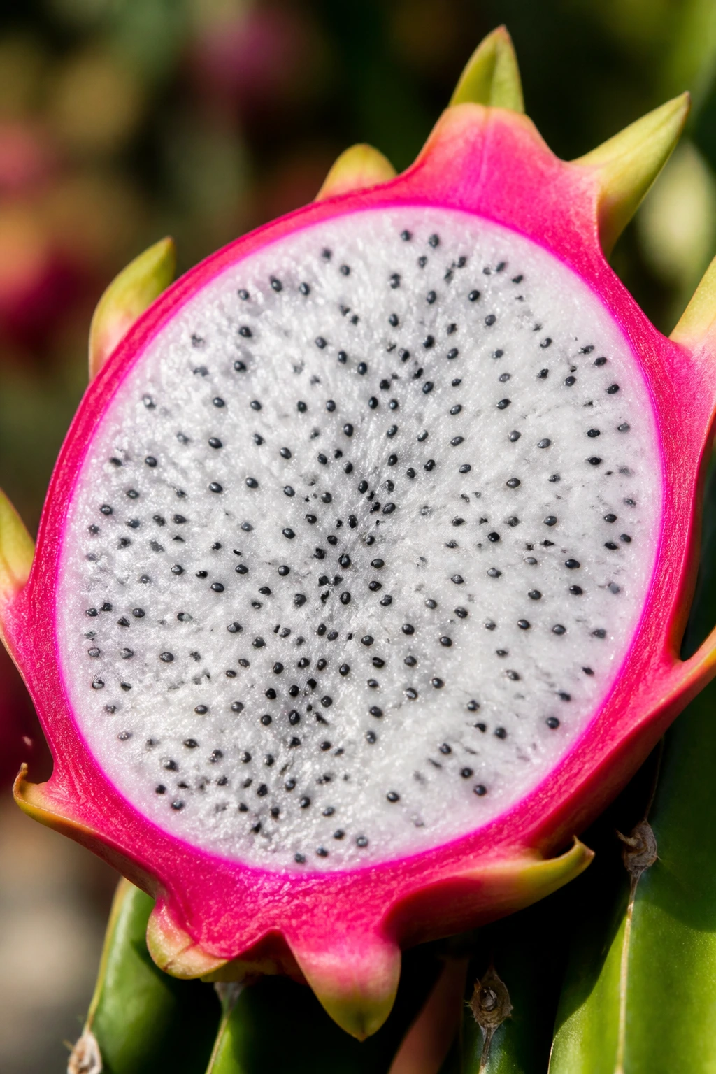 Can Chickens Eat Dragon Fruit? A Nutritional Analysis 5 Dragon fruit half showing vibrant flesh against garden background