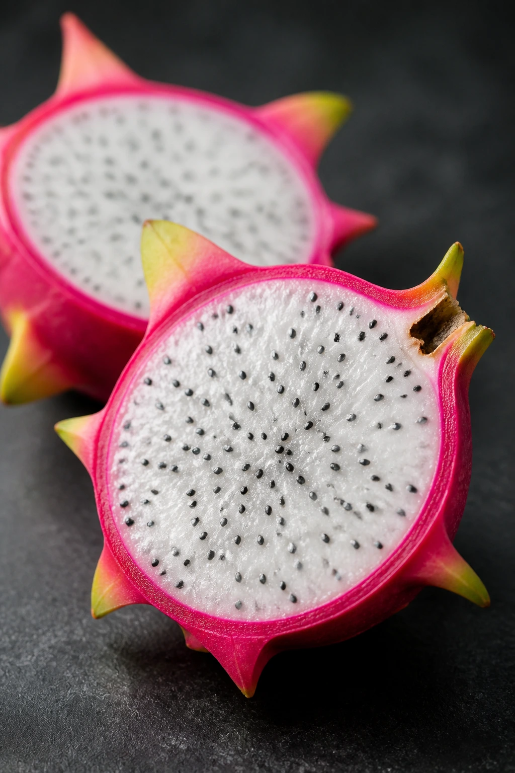 10 Dragon Fruit Benefits for Thyroid Patients 4 Close-up of vibrant dragon fruit slices on a dark surface, highlighting texture.