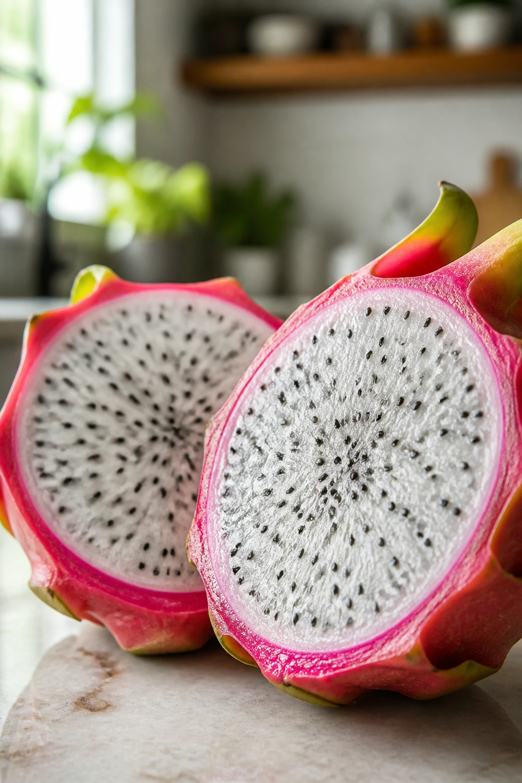 10 Dragon Fruit Benefits for Thyroid Patients 10 Close-up of dragon fruit showing pink skin and white flesh in a kitchen setting