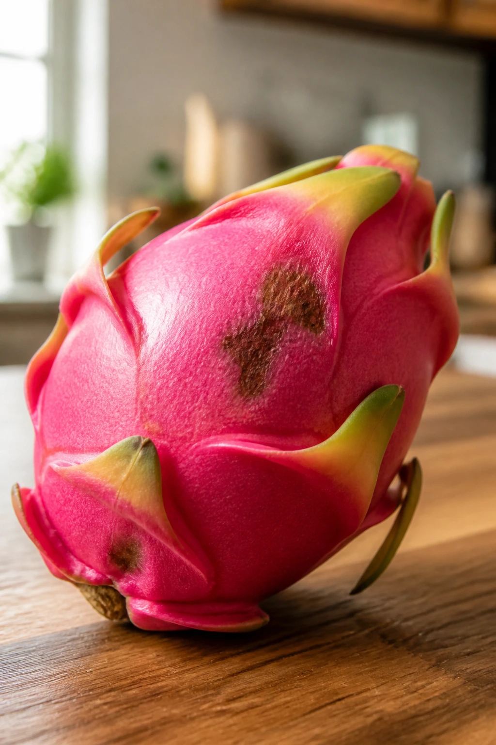 Is Dragon Fruit A Natural Laxative? Let's FInd Out! 3 Dragon fruit with a small bruise on skin on wooden table