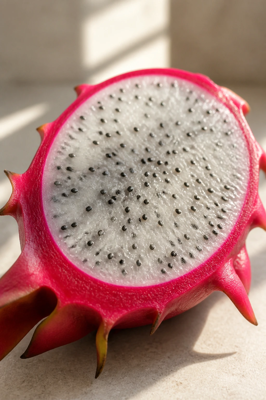 10 Dragon Fruit Benefits for Thyroid Patients 8 Dragon fruit slice on a neutral surface with vivid flesh color.