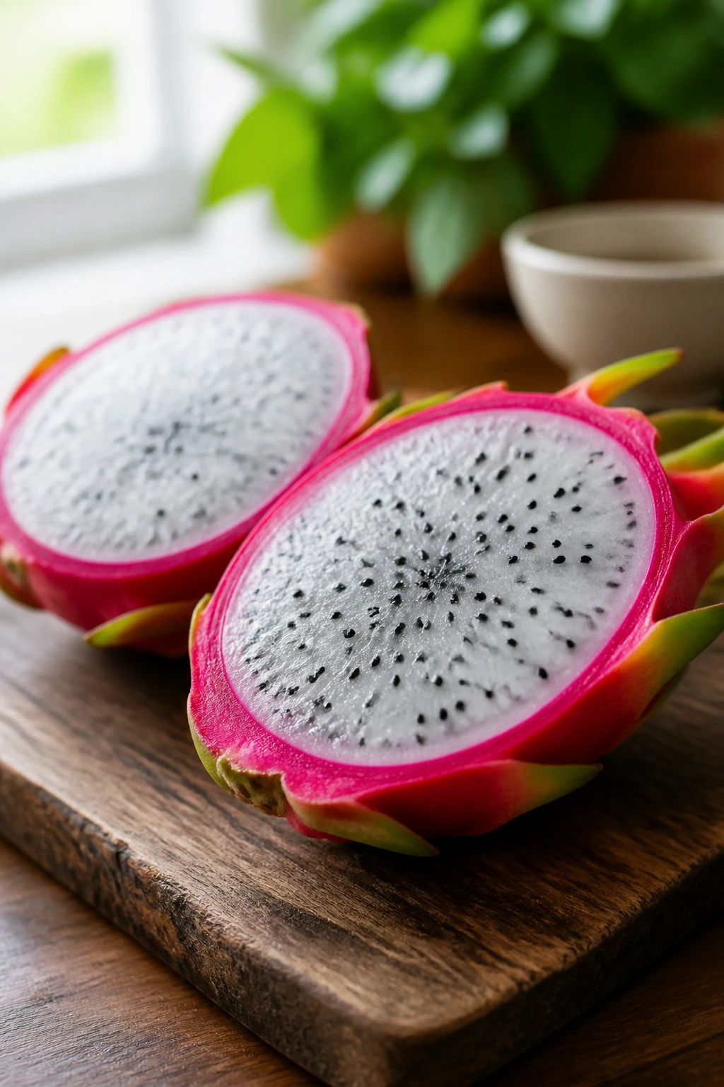 10 Dragon Fruit Benefits for Thyroid Patients 3 Close-up of an opened dragon fruit showing white flesh with black seeds on a wooden cutting board.