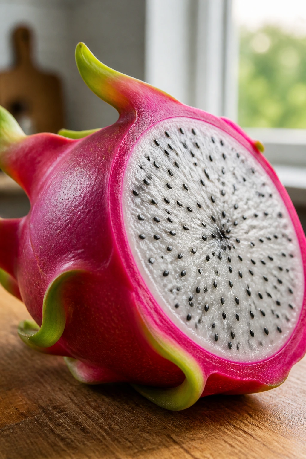 Is Dragon Fruit Good For Babies? Can They Eat It? 7 Close-up of a dragon fruit on a wooden kitchen counter showing pink skin and white flesh with seeds