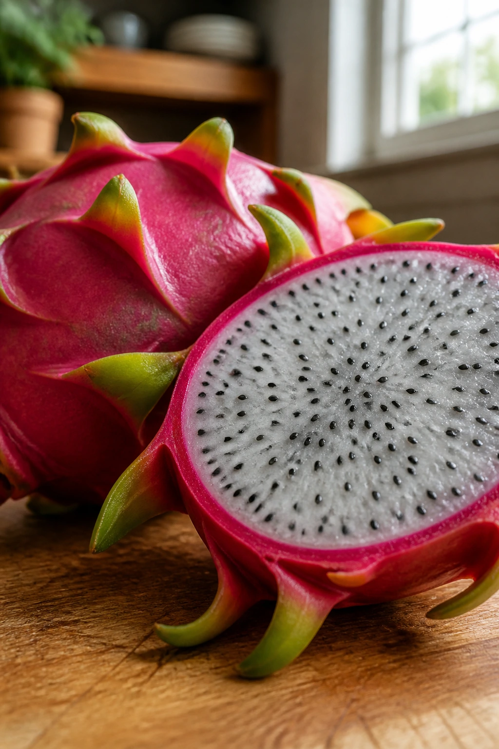 Close-up of dragon fruit on a wooden kitchen countertop highlighting pink skin and white flesh