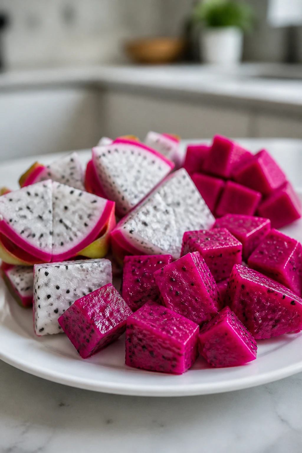 Is Dragon Fruit Good For Diabetes? Benefits, Effects & More 4 Dragon fruit pieces arranged on a plate, ready to be added to meals.
