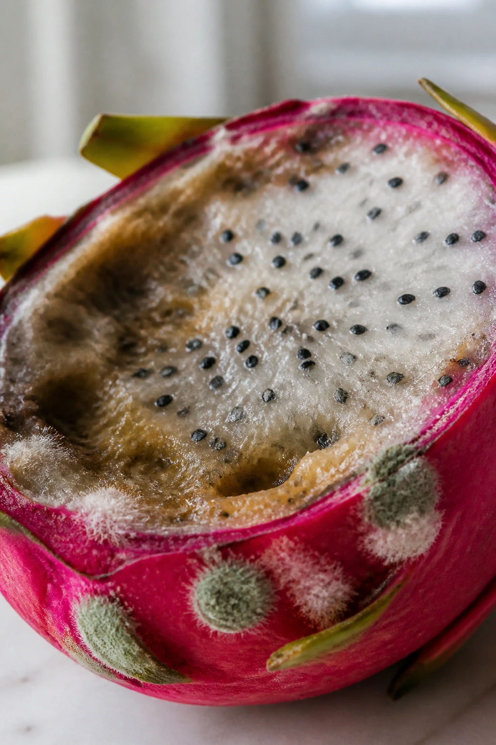 Dragon fruit half with visible mold on rind.