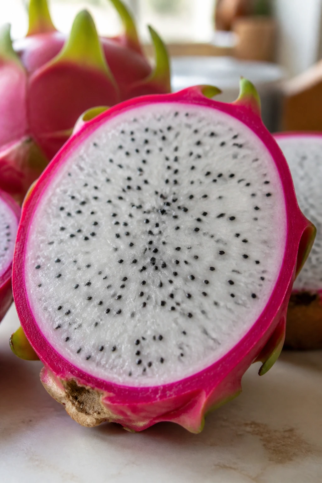 Is Dragon Fruit Good For Diabetes? Benefits, Effects & More 2 Cross-section of dragon fruit showing white flesh with black seeds.