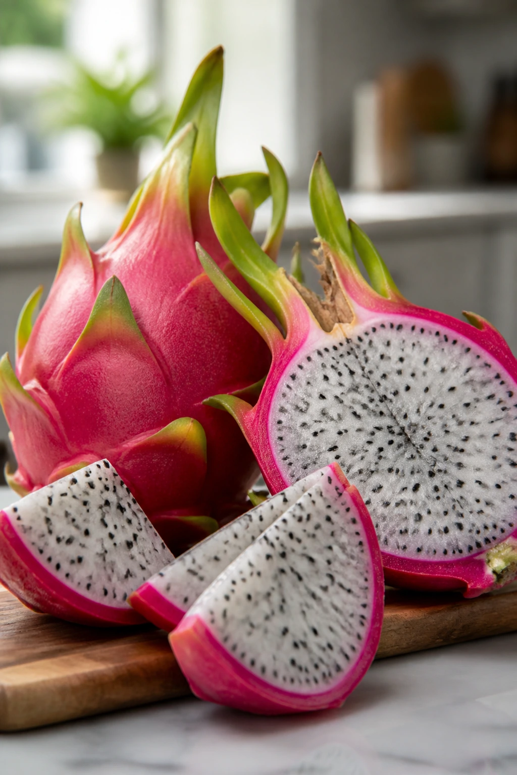 10 Dragon Fruit Benefits for Thyroid Patients 11 Dragon fruit whole and sliced showing seeds, filling the frame