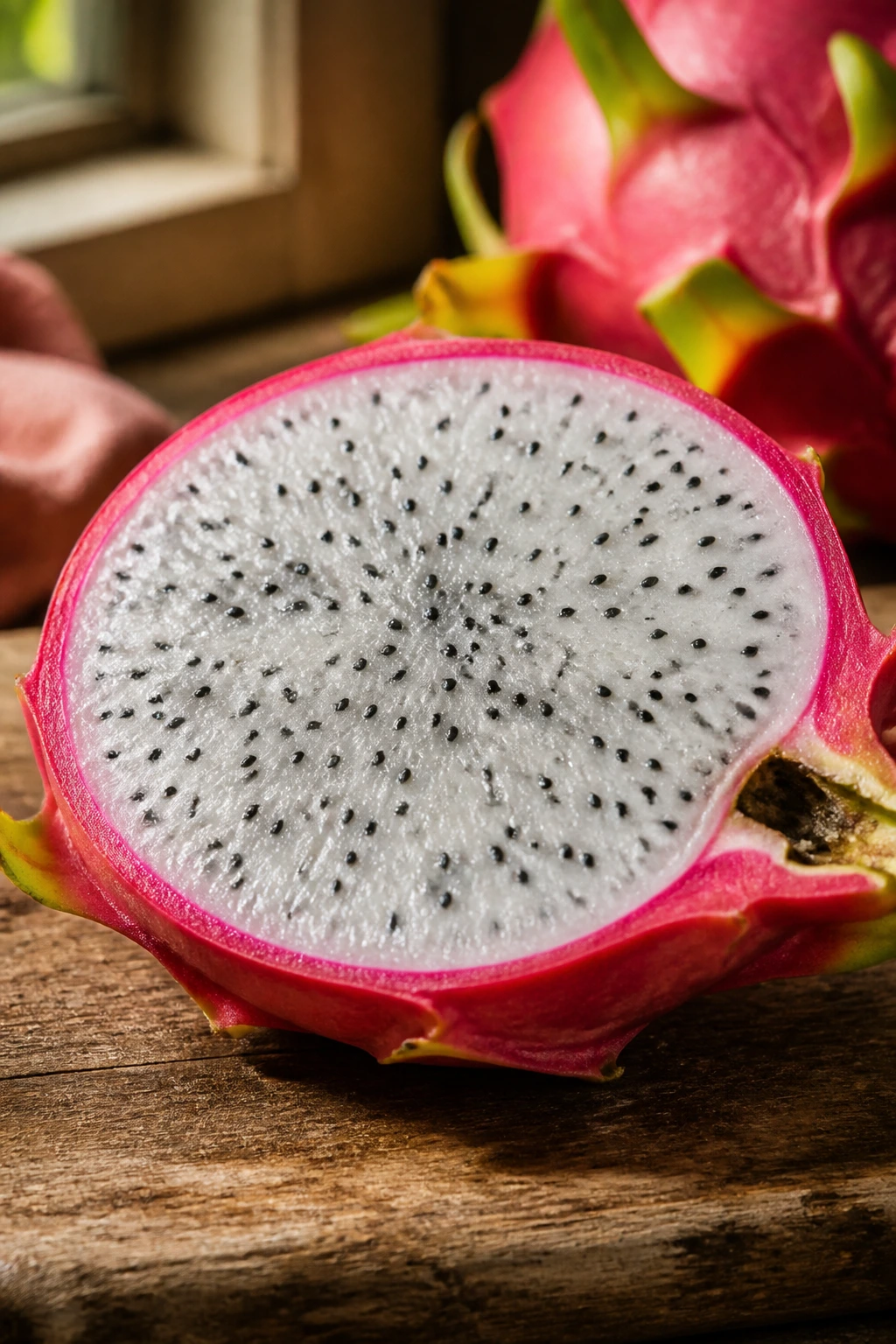 How to Eat Dragon Fruit During Pregnancy 1 Close-up of dragon fruit cut open showing white flesh with black seeds on a wooden cutting board