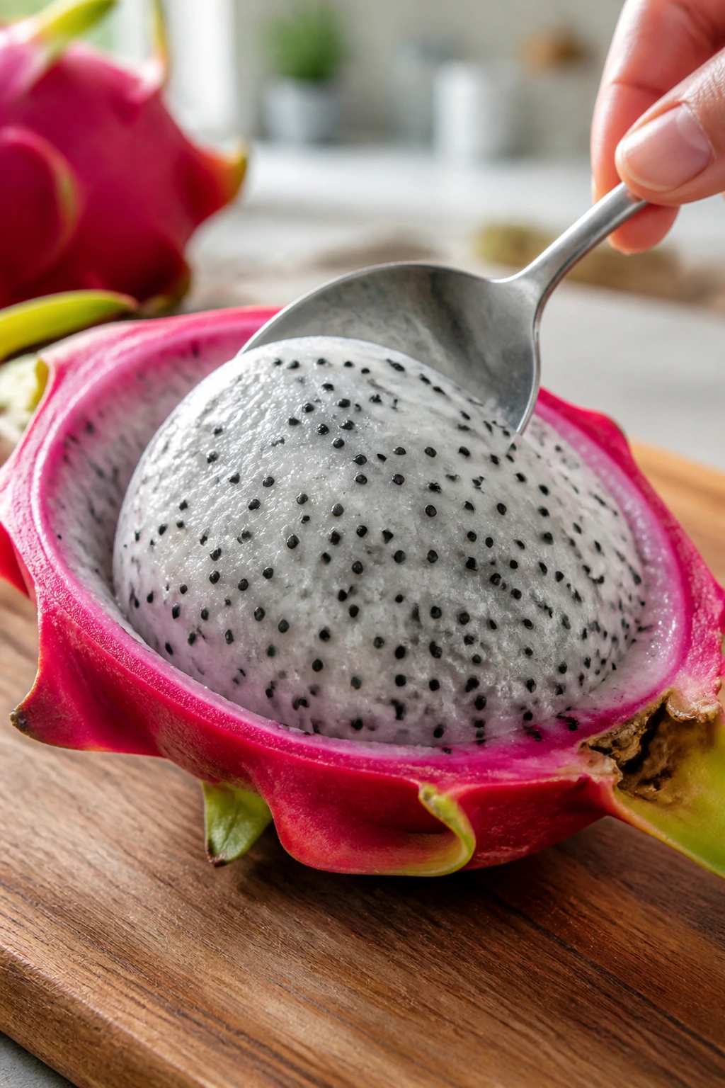 Dragon fruit flesh being scooped from the skin with a spoon