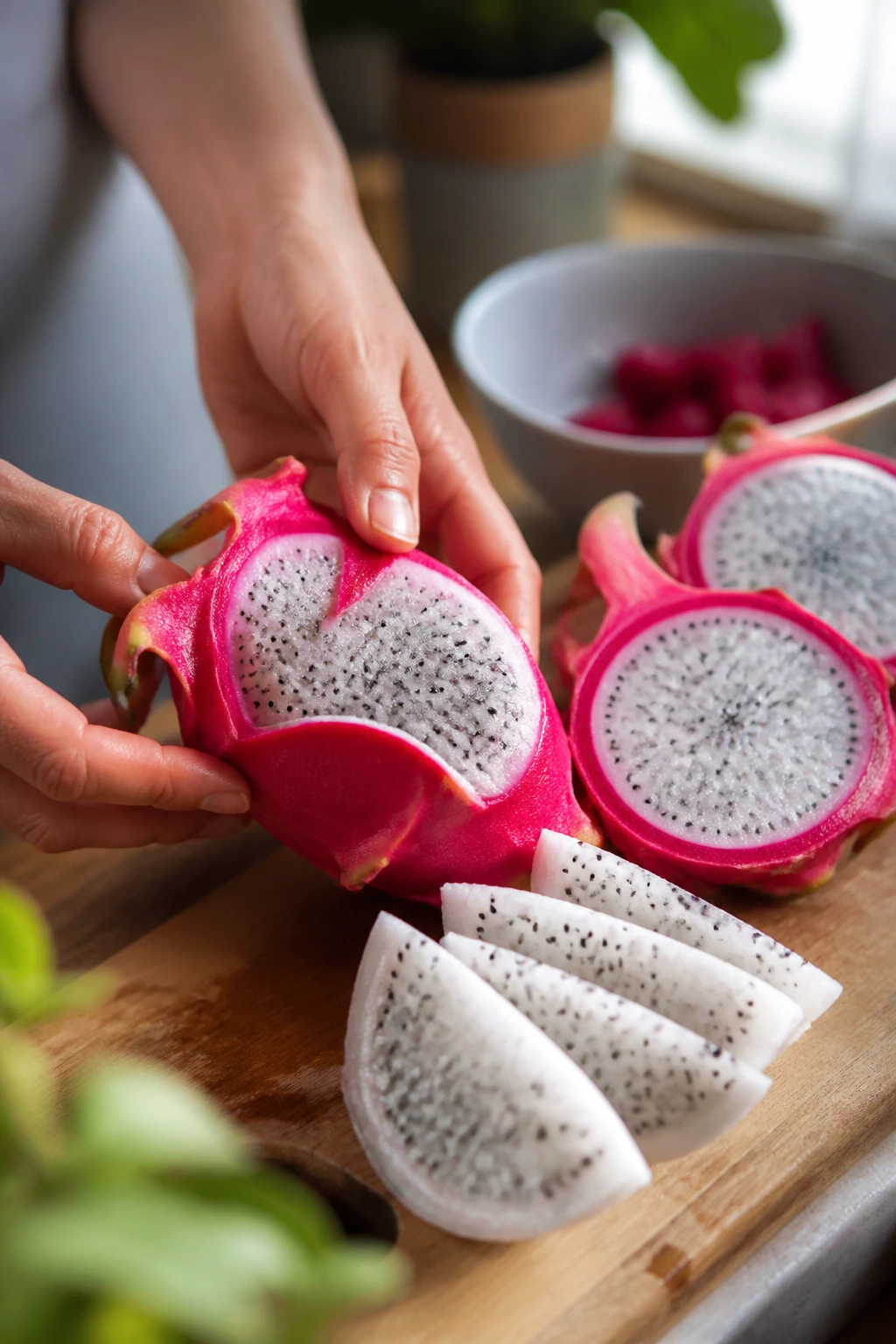 Dragon fruit being peeled and sliced on a wooden board in a bright kitchen