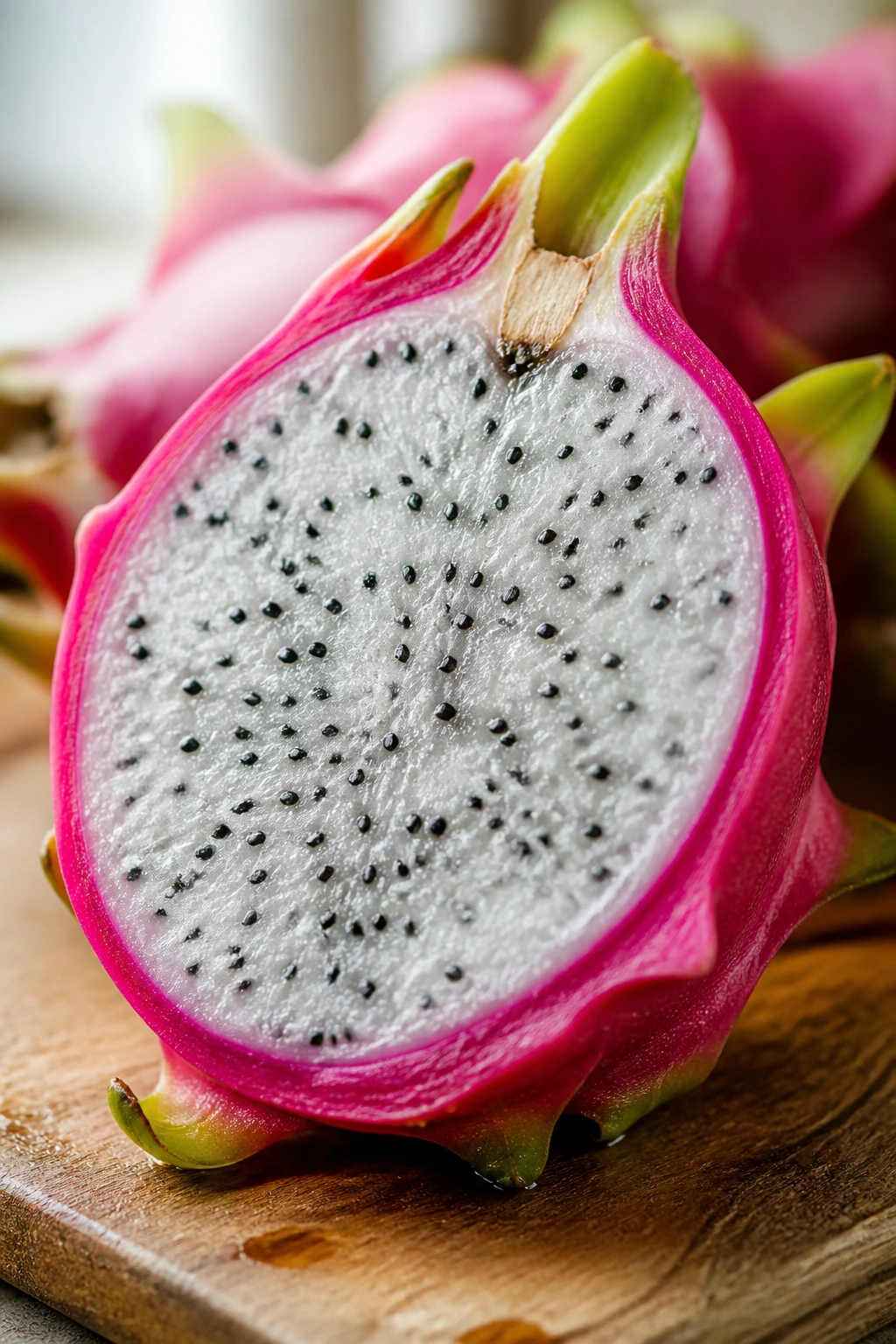 Is Dragon Fruit Good For Babies? Can They Eat It? 1 Close-up of halved dragon fruit with pink skin and white flesh on a wooden cutting board
