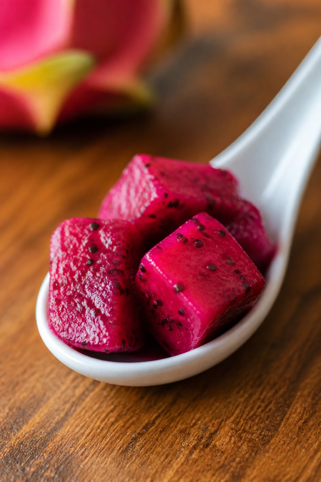Is Dragon Fruit Good For Dogs? All You Need To Know 5 Three spoonfuls of diced dragon fruit on a spoon.