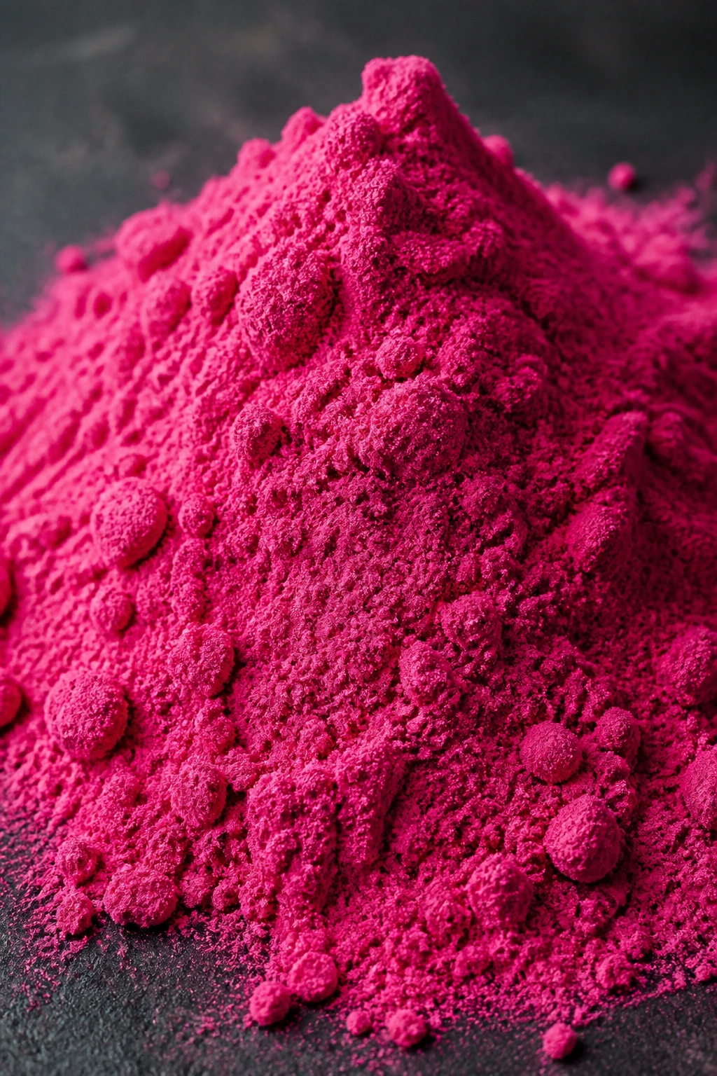 7 Amazing Health Benefits Of Dragon Fruit Powder 2 Close-up of pink dragon fruit powder mound on dark slate surface