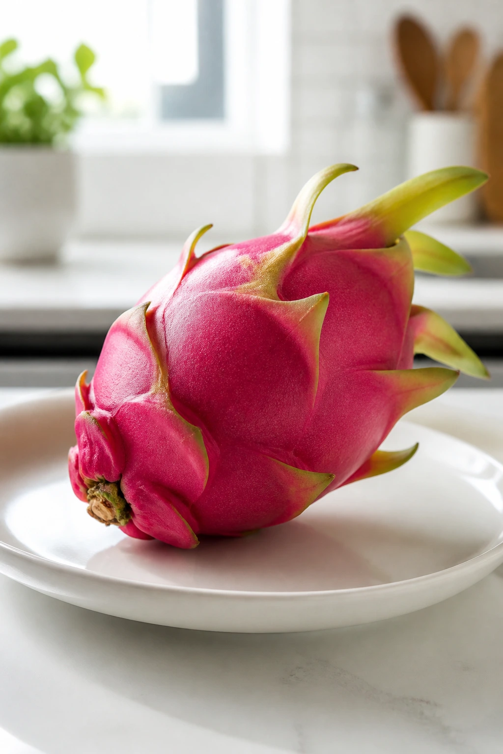 How to Eat Dragon Fruit During Pregnancy 2 Dragon fruit on a plate in a bright kitchen, depicted as safe to eat during pregnancy