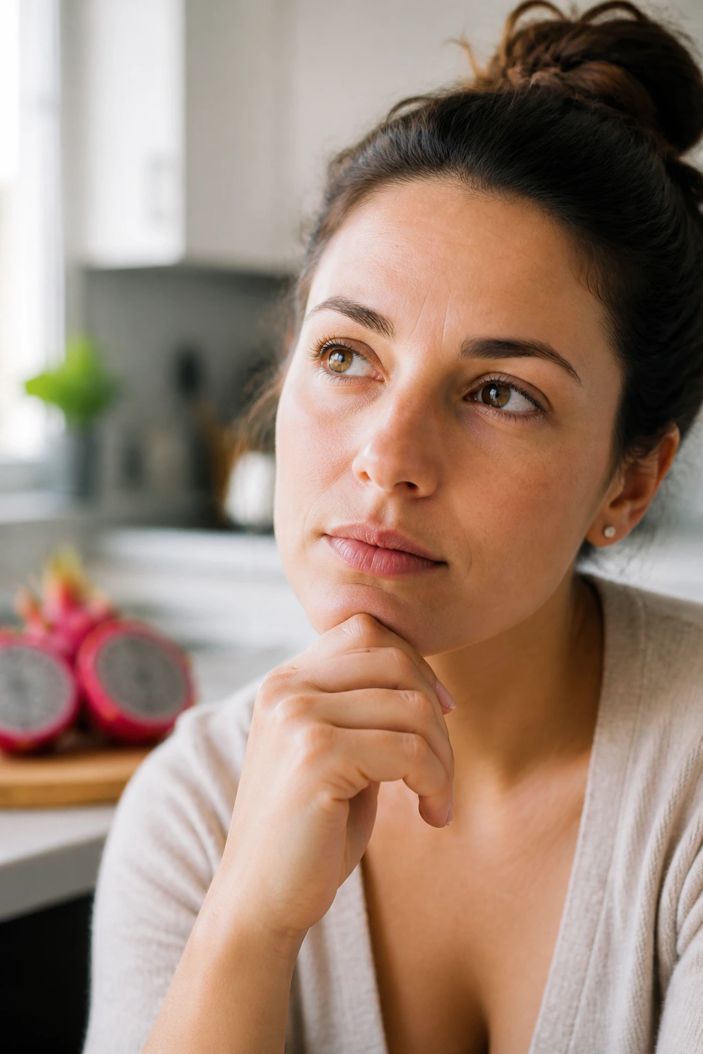 How to Eat Dragon Fruit During Pregnancy 9 Thoughtful woman in a kitchen with dragon fruit in the blurred background, representing common questions