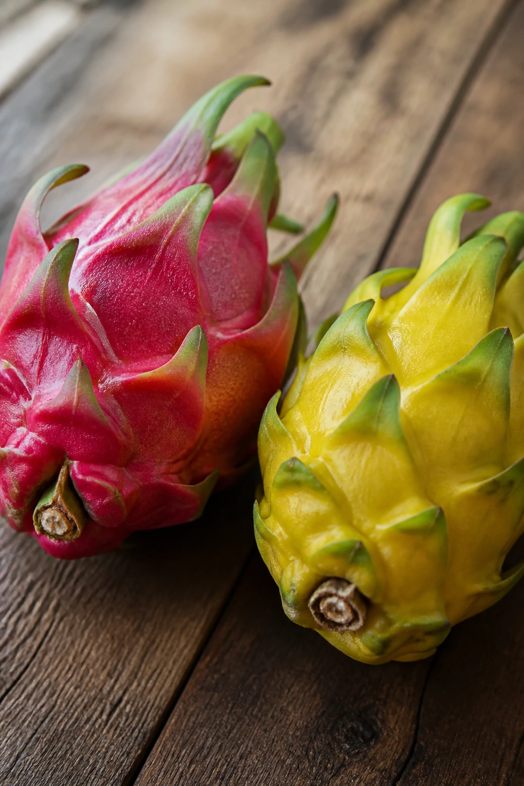 Close-up of red and yellow dragon fruits showing skin color and texture differences