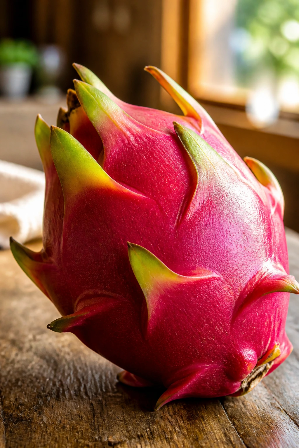 Close-up of a ripe dragon fruit with bright magenta skin and green scales on a wooden counter