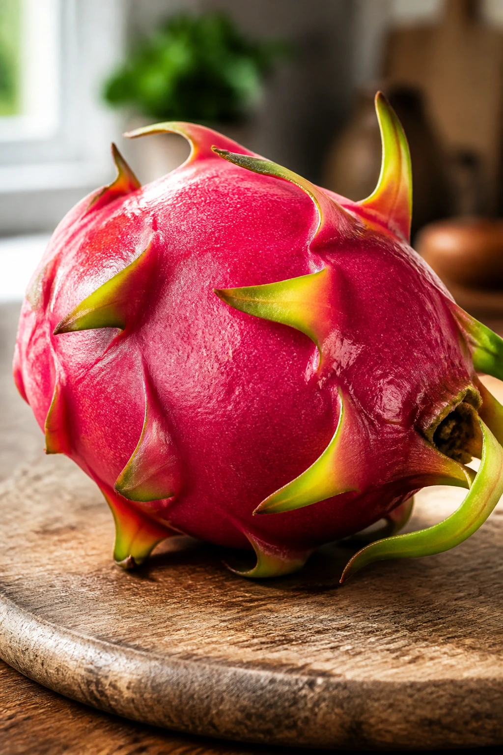 Close-up of a ripe dragon fruit with even color on a cutting board