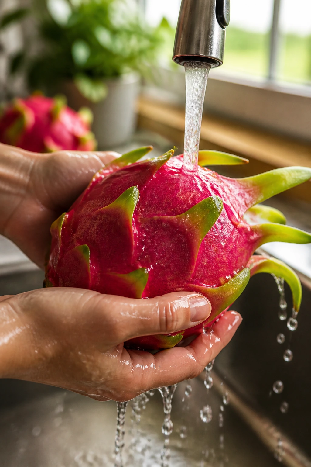 How to Eat Dragon Fruit During Pregnancy 7 Close-up of dragon fruit being washed in a kitchen sink for pregnancy safety
