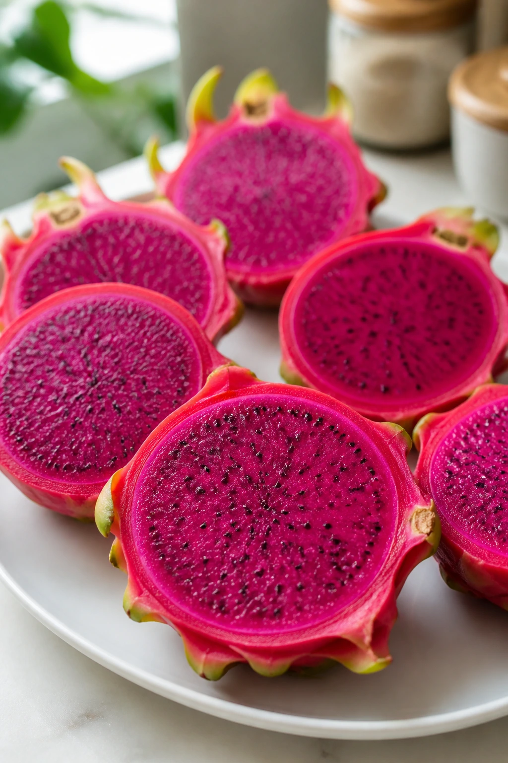 How to Eat Dragon Fruit During Pregnancy 8 Dragon fruit halves on a plate in a bright kitchen ready to enjoy
