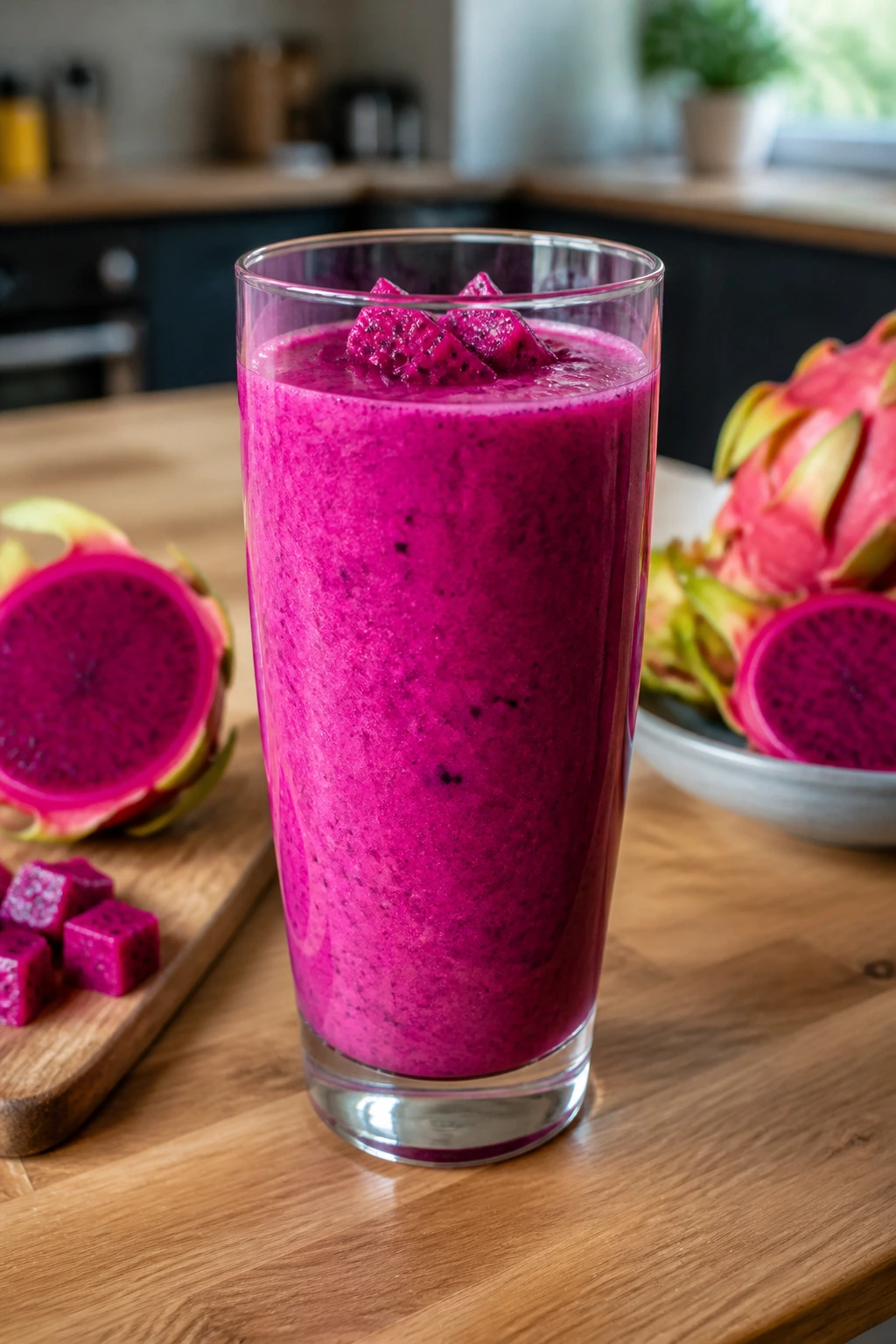 How to Eat Dragon Fruit During Pregnancy 5 Dragon fruit smoothie in a glass on a kitchen counter