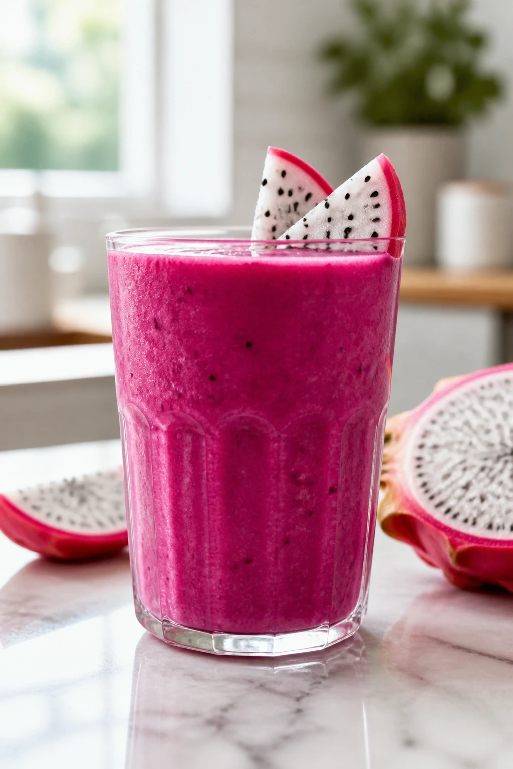 How to Eat Dragon Fruit During Pregnancy 6 Dragon fruit smoothie in a glass on a kitchen counter with dragon fruit pieces