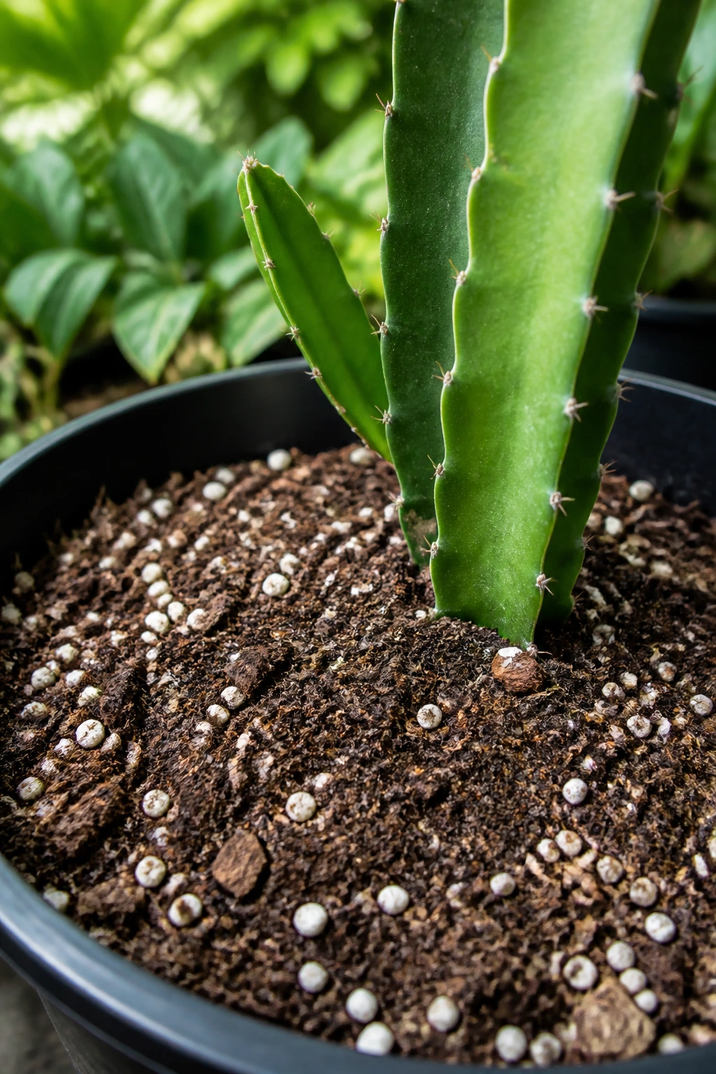 Close-up of dragon fruit plant in a pot with rich, well-draining soil mix