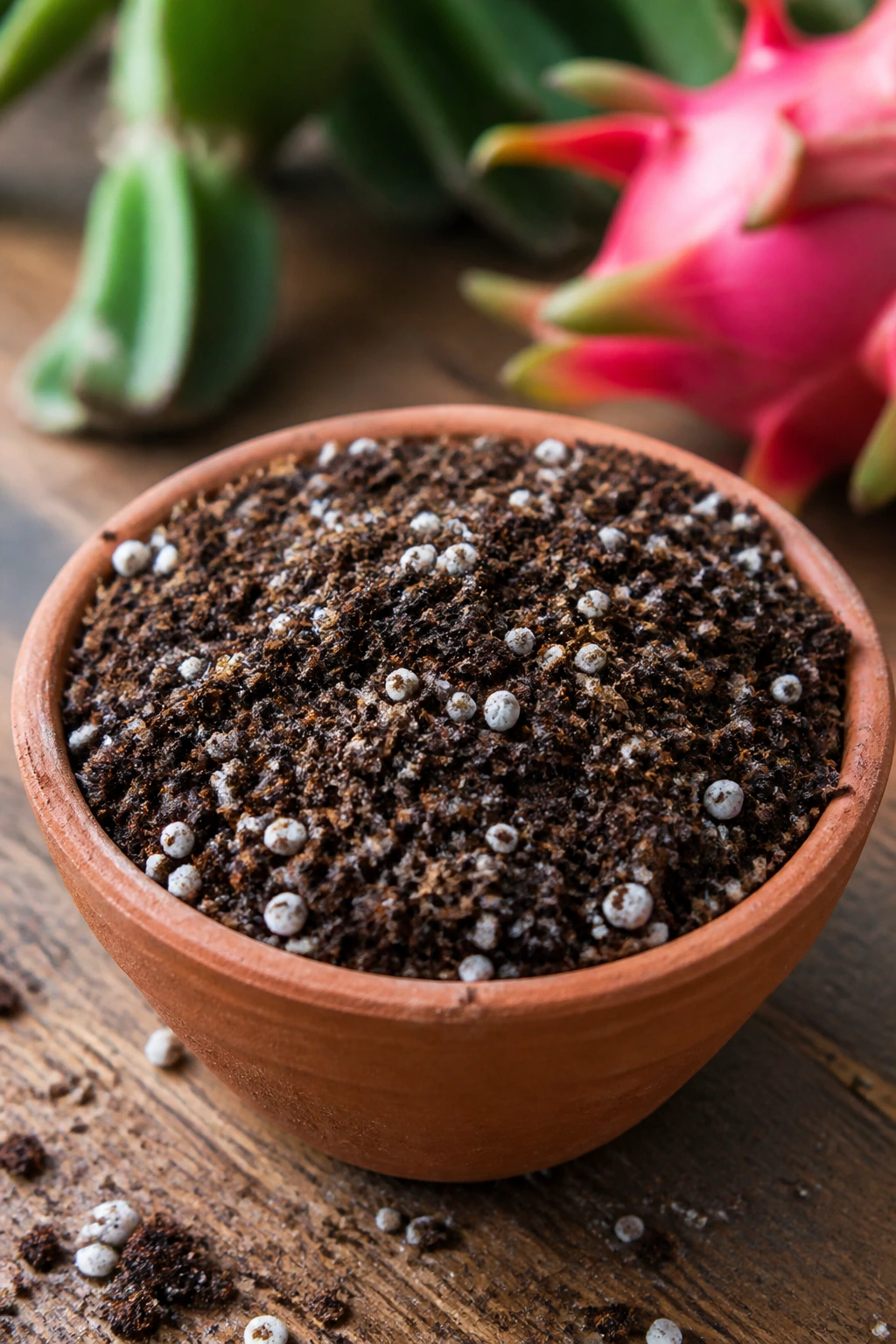 Close-up of dragon fruit soil mix in a terracotta pot with potting soil, compost, and perlite