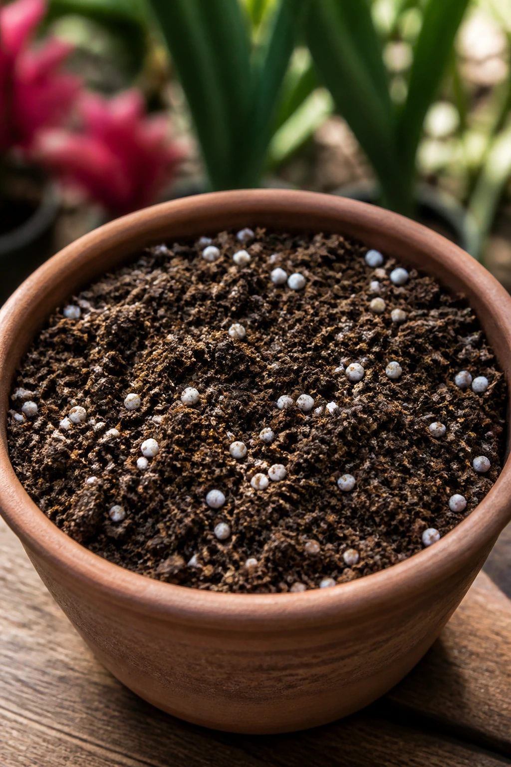 Close-up of well-draining dragon fruit soil in a pot with perlite and compost