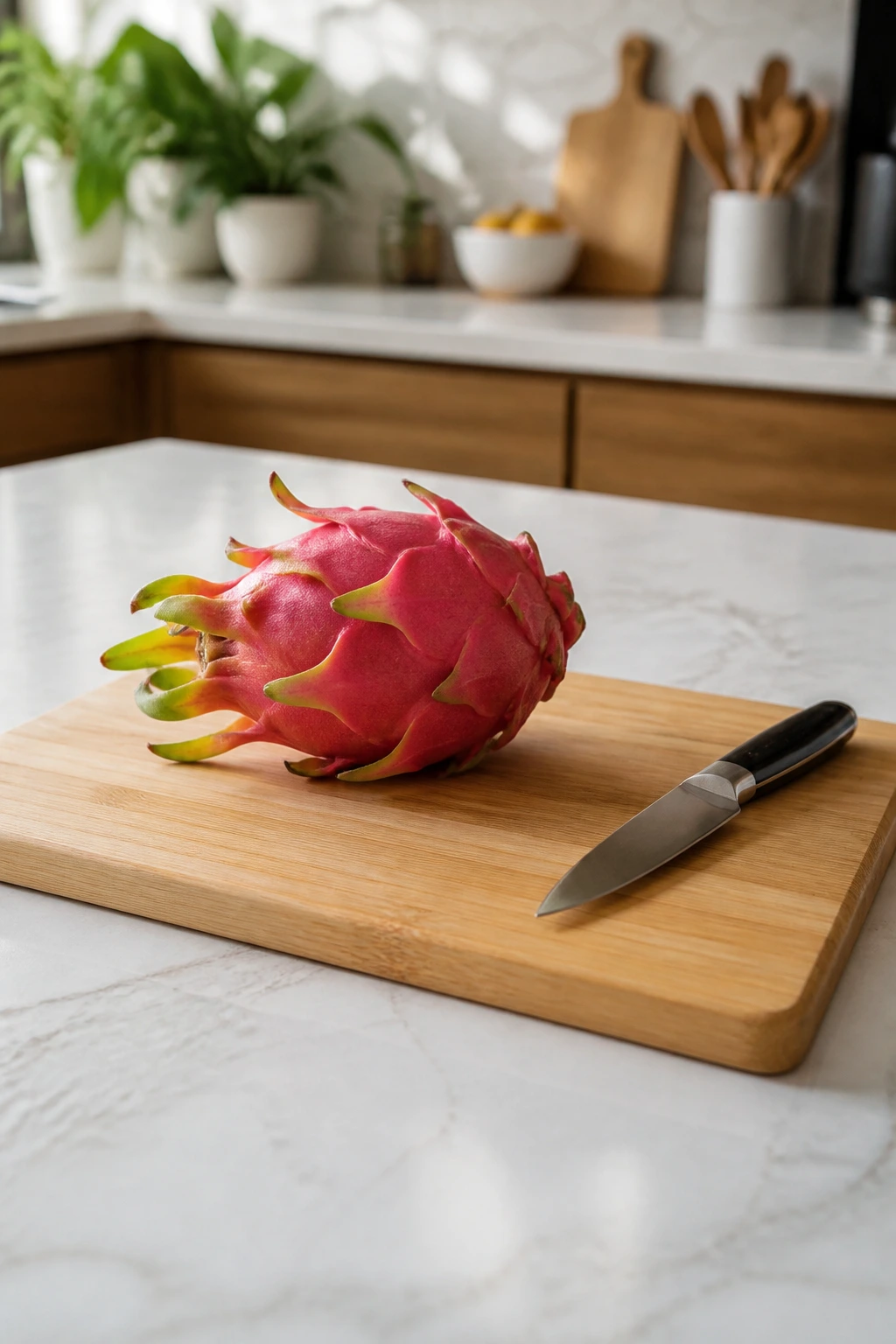 Dragon fruit on cutting board in a clean kitchen setup