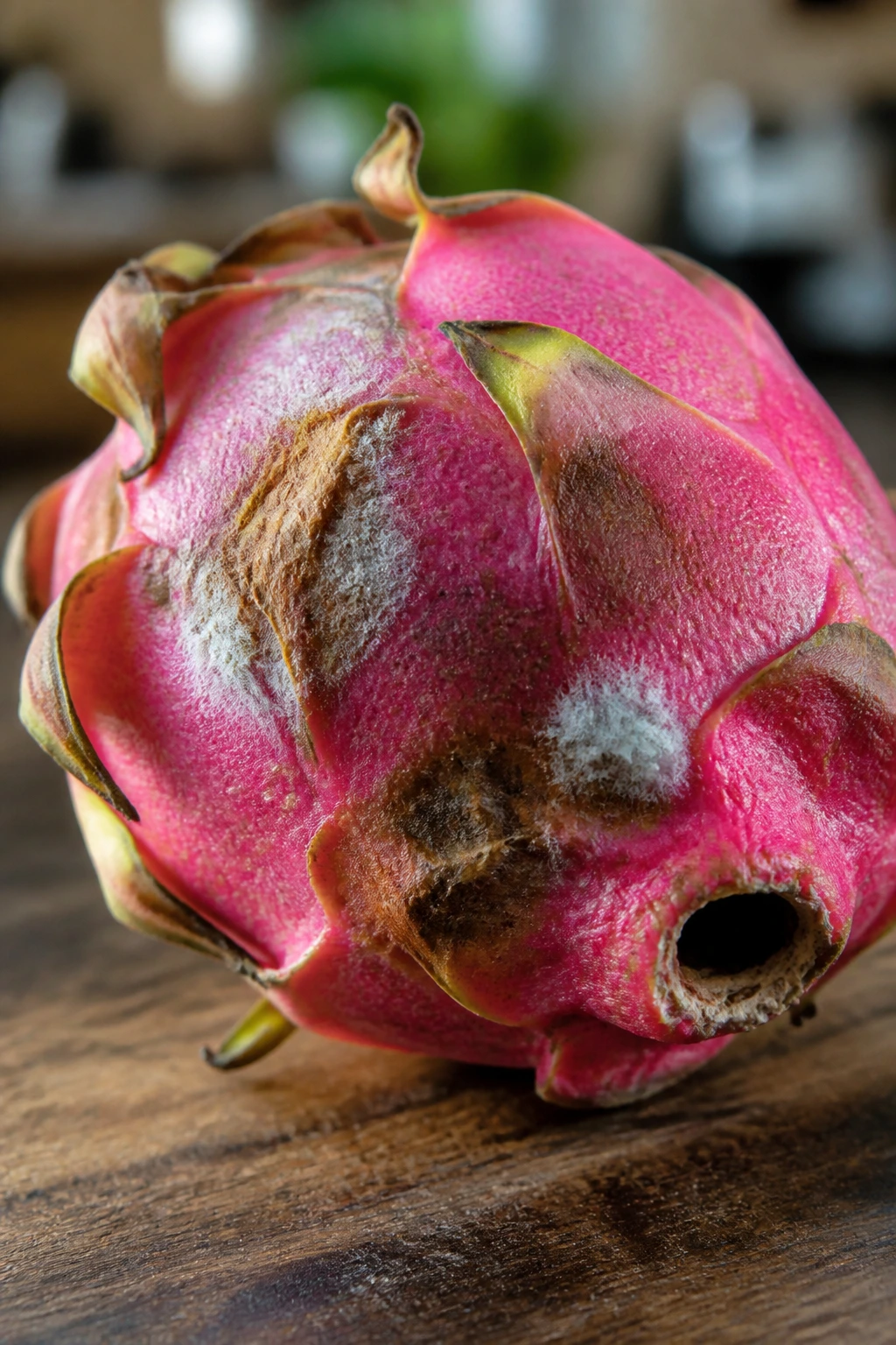 Close-up of spoiled dragon fruit with brown patches and mold on pink skin.