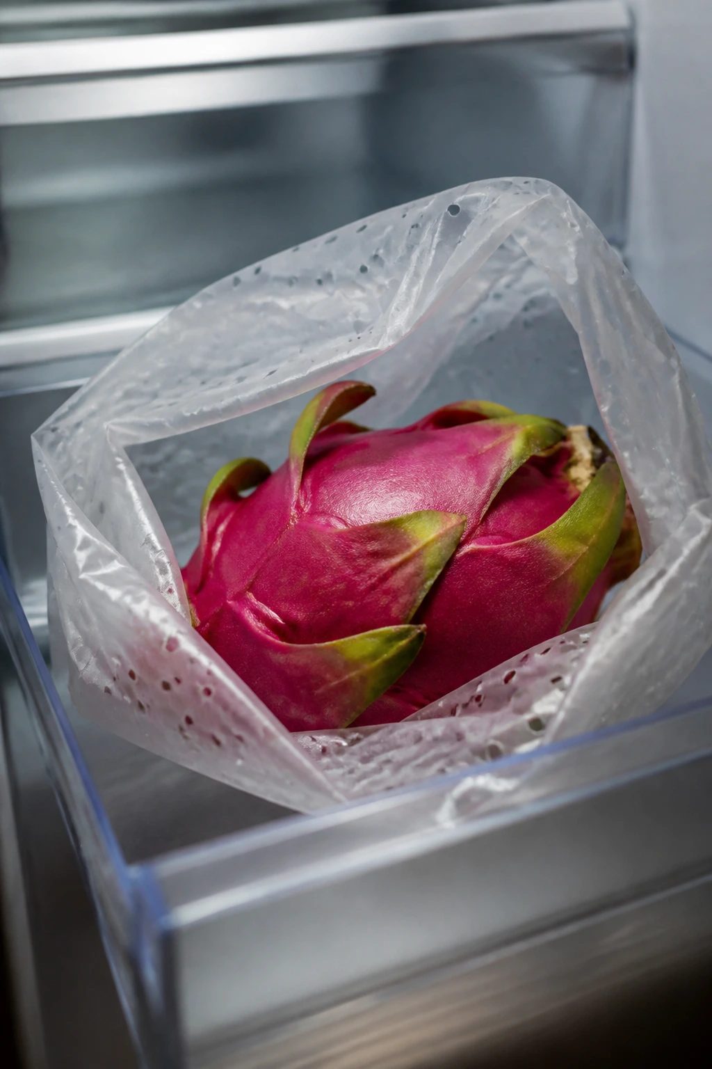 Dragon fruit stored in a ventilated bag inside a refrigerator crisper