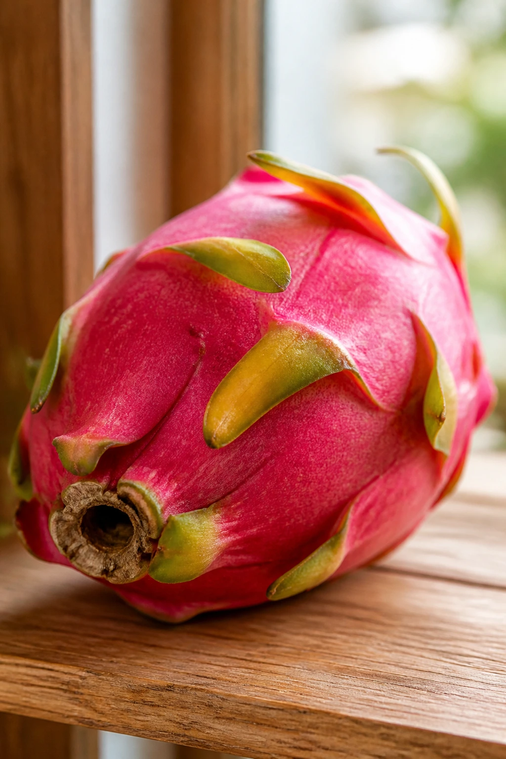 Fresh dragon fruit on wooden shelf in daylight emphasizing storage context.